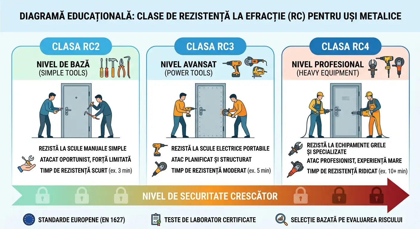 Diagramă educațională cu clasele de rezistență la efracție RC2, RC3 și RC4 pentru uși metalice
