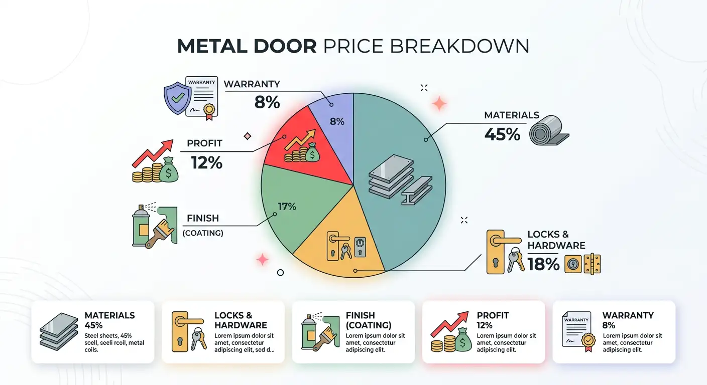 Infografic cu structura prețului unei uși metalice - materiale 45%, încuietori 18%, finisaj 17%, profit 12%, garanție 8%