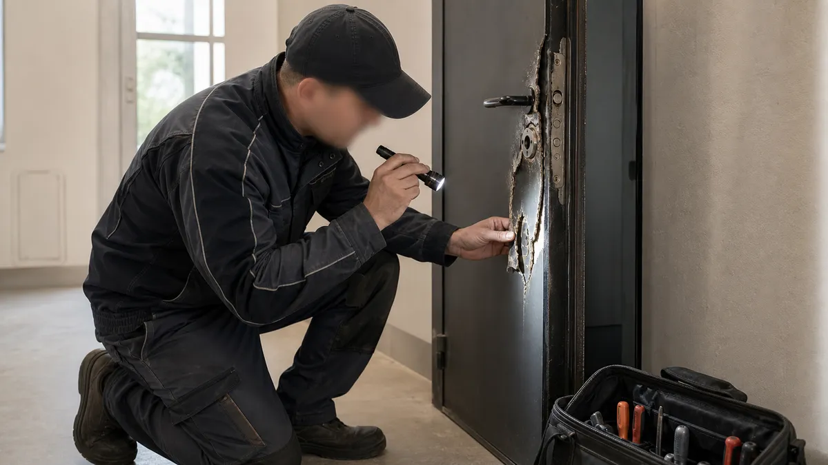 Specialist verificând starea unei uși metalice după o tentativă de efracție