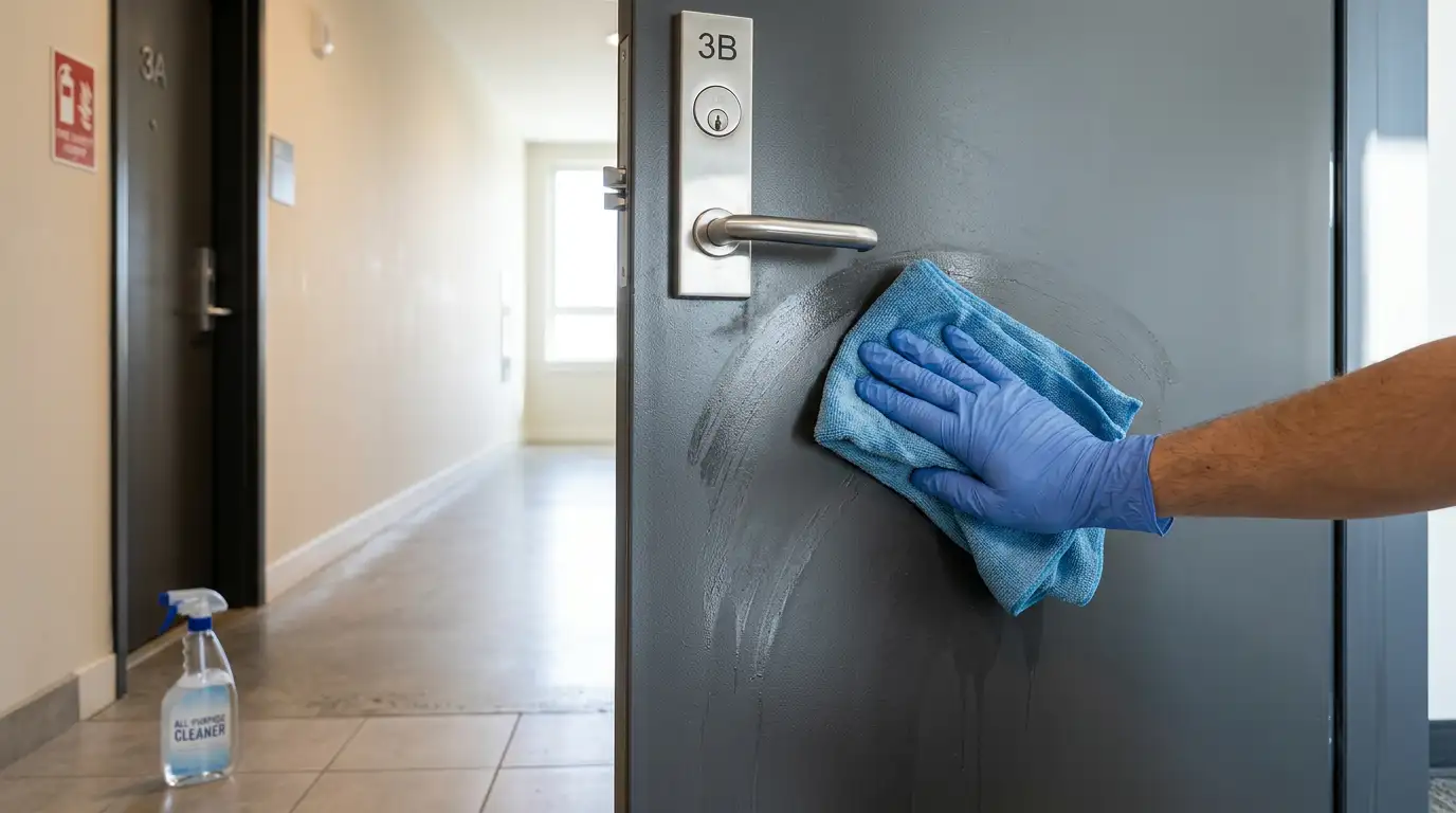 Curățarea suprafeței unei uși metalice de apartament cu cârpă din microfibră și detergent neutru