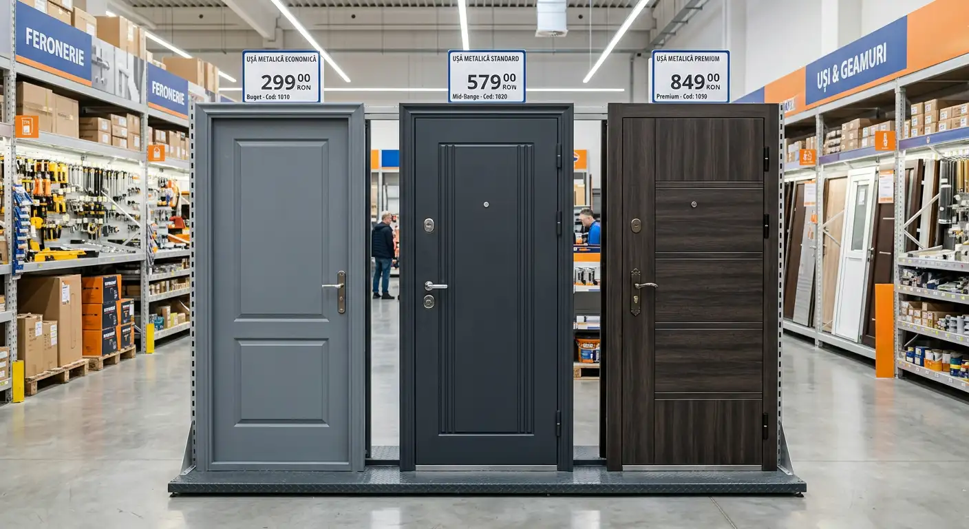 Uși metalice expuse în magazin de bricolaj cu prețuri pe trei segmente - economic, standard și premium