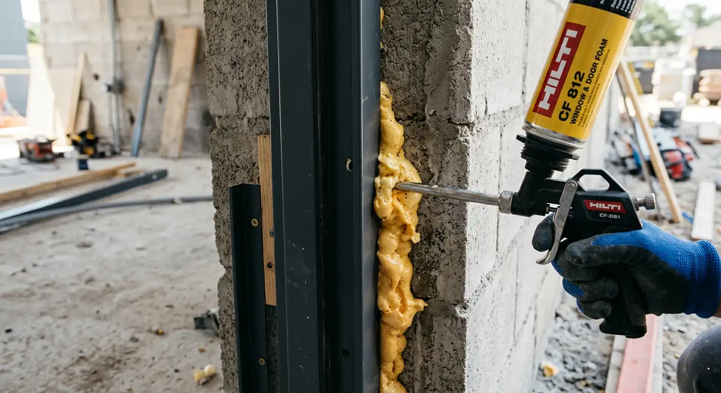 Aplicarea spumei poliuretanice între tocul ușii metalice și perete pentru izolare și etanșare