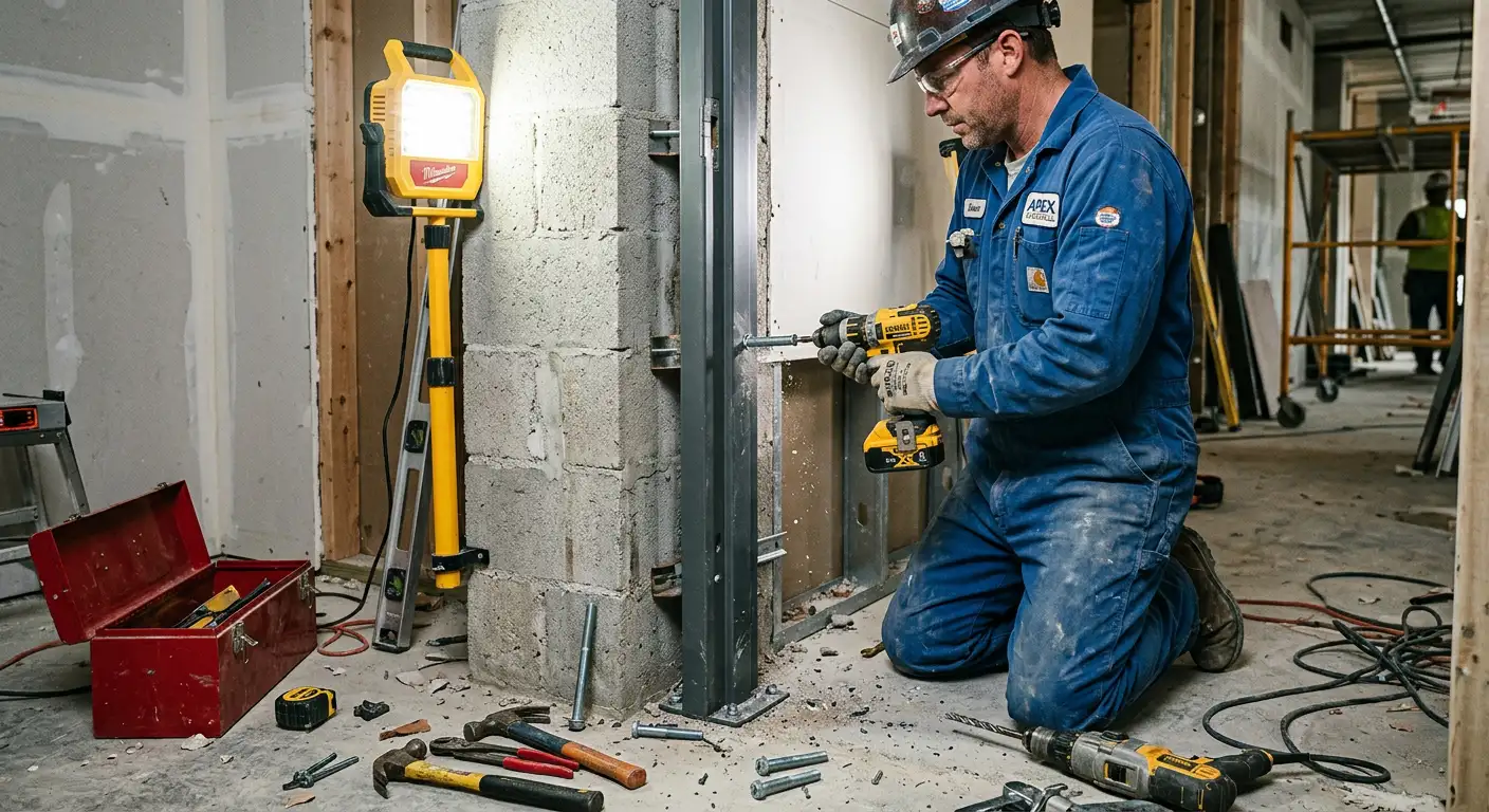 Monteur profesionist fixând tocul ușii metalice cu bormașina