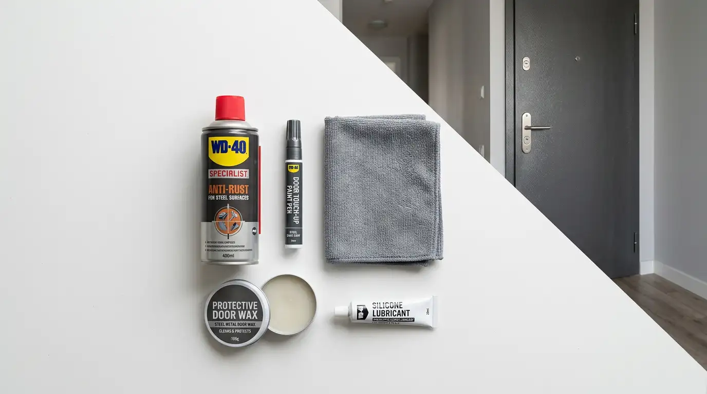 Kit de întreținere pentru uși metalice - spray anticoroziune, creion de retușare, ceară protectoare și lubrifiant siliconic