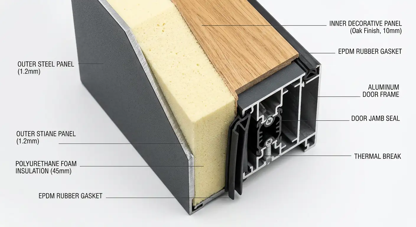 Secțiune transversală prin ușă metalică - straturi de oțel, izolație poliuretan și garnituri EPDM