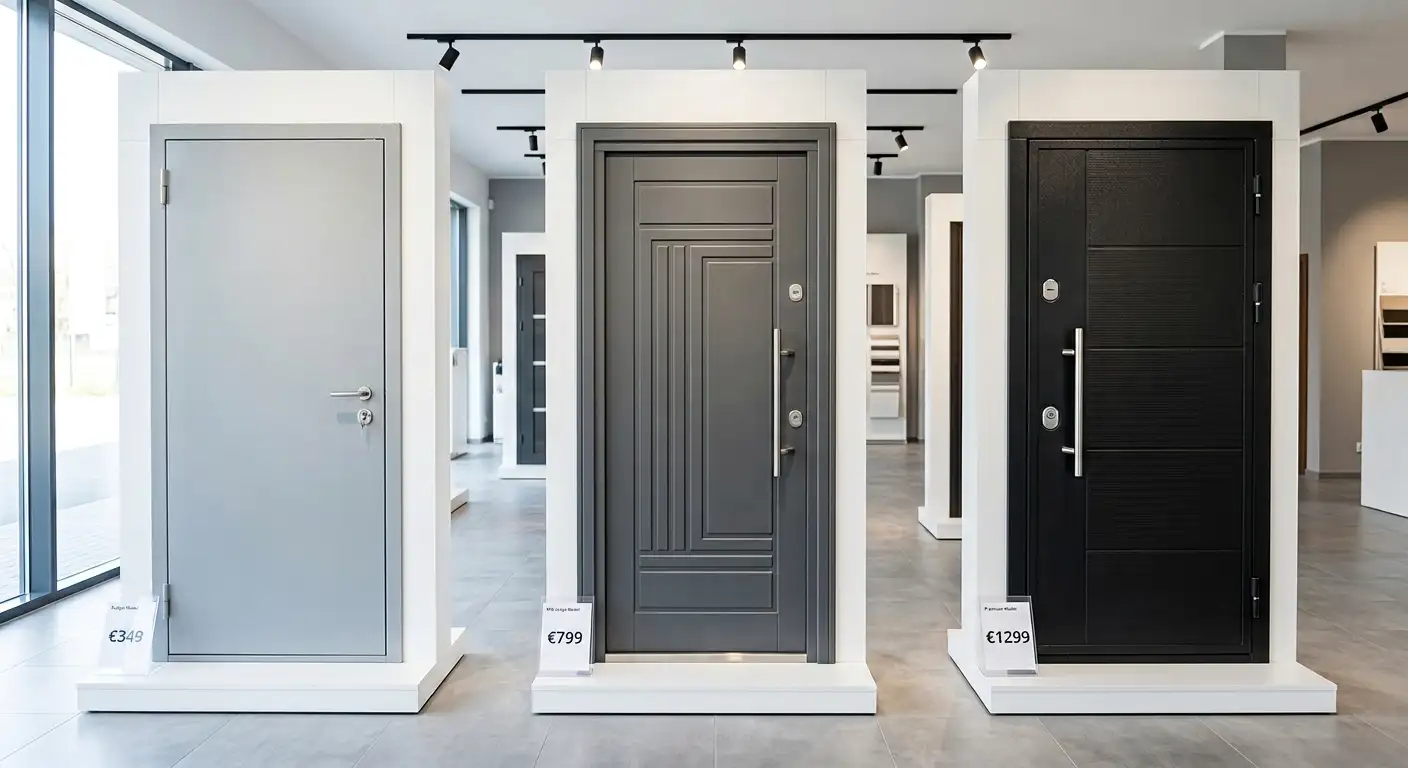 Showroom cu uși metalice de apartament din trei game de preț - economică, medie și premium