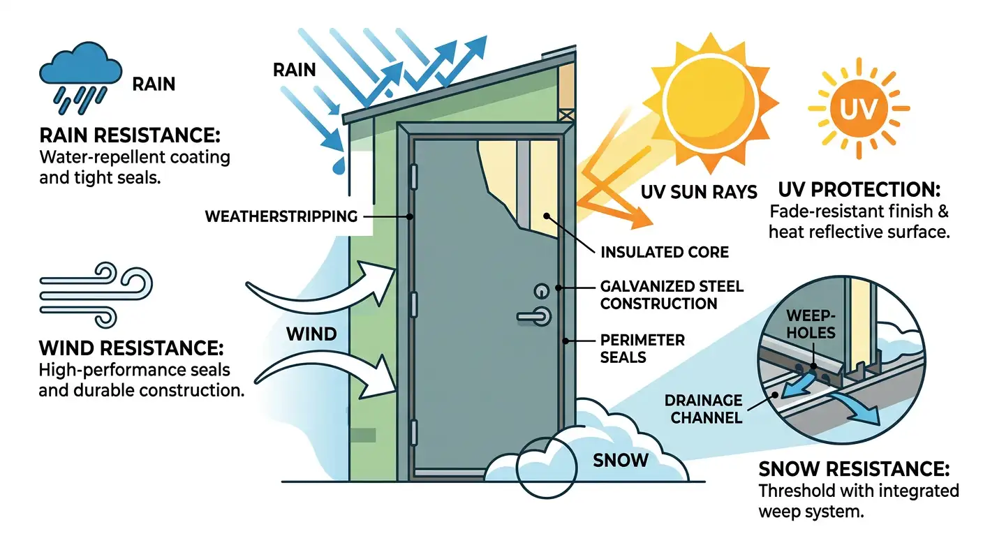 Uși metalice de exterior expuse la intemperii - ploaie, zăpadă și vânt