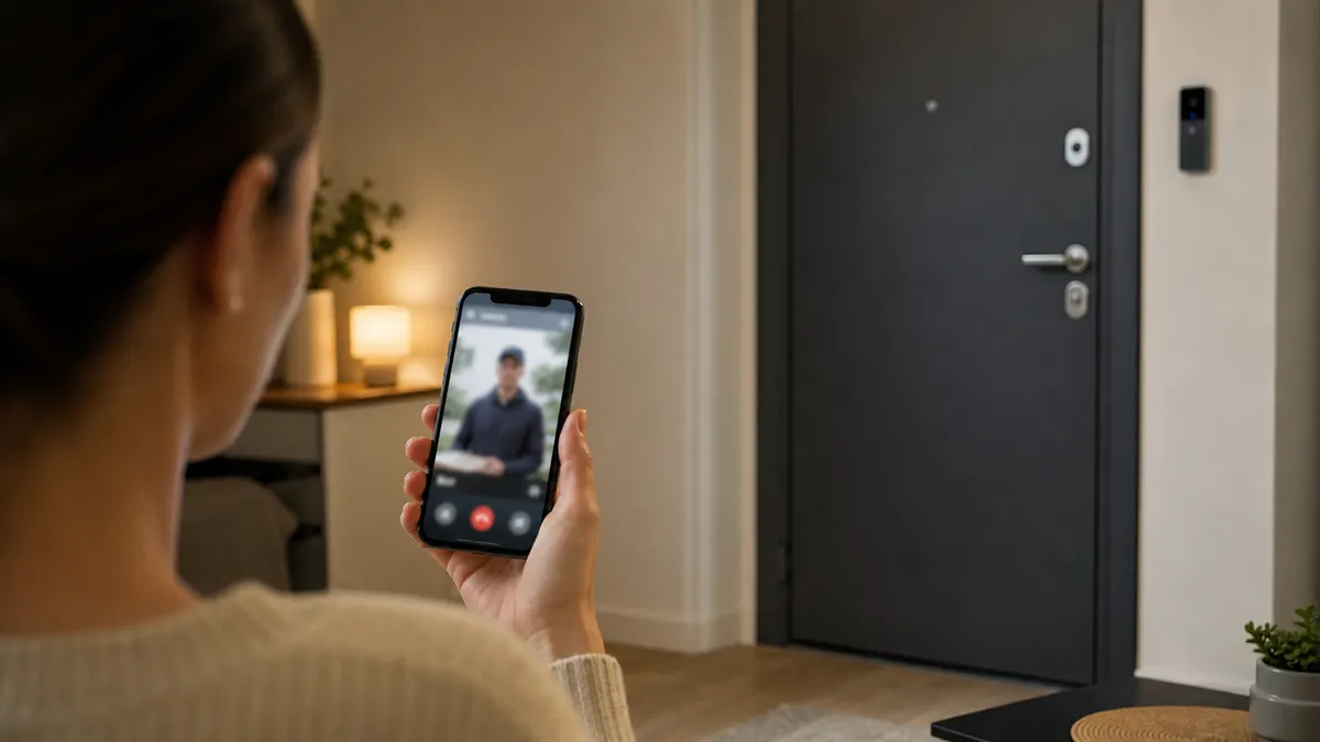 Persoană verificând camera de la ușă de pe telefon, înainte de a deschide